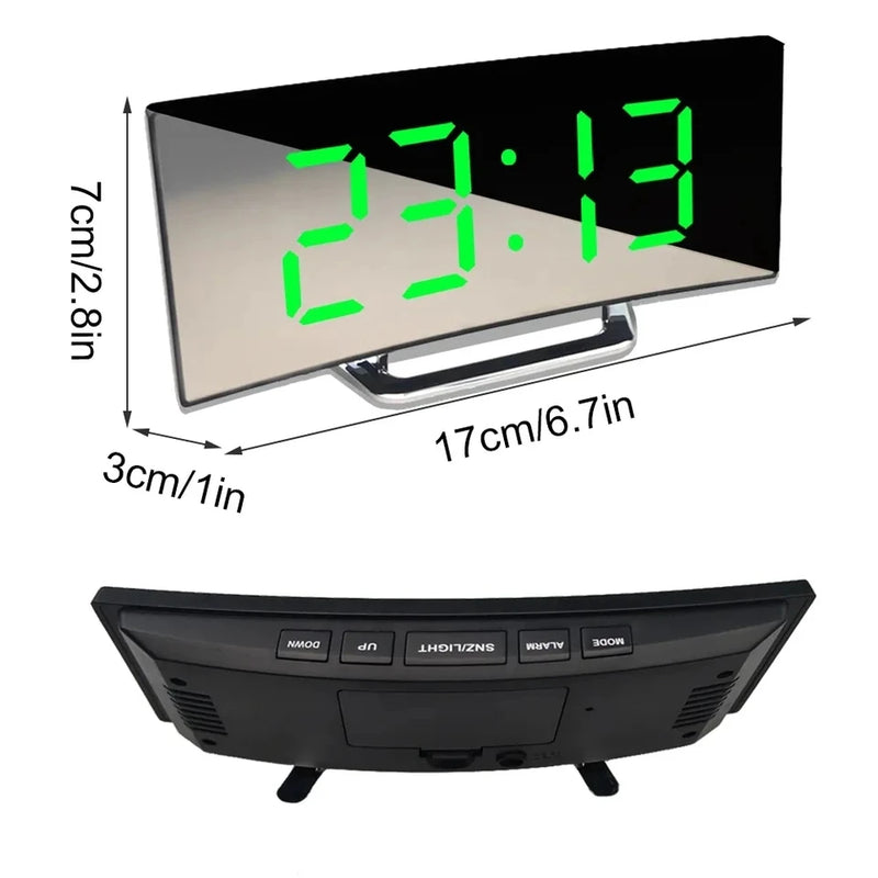 Digital Table Clock LED Alarm Clock Temperature Date Mirror Curved Modern Portable Elegant Compact Design