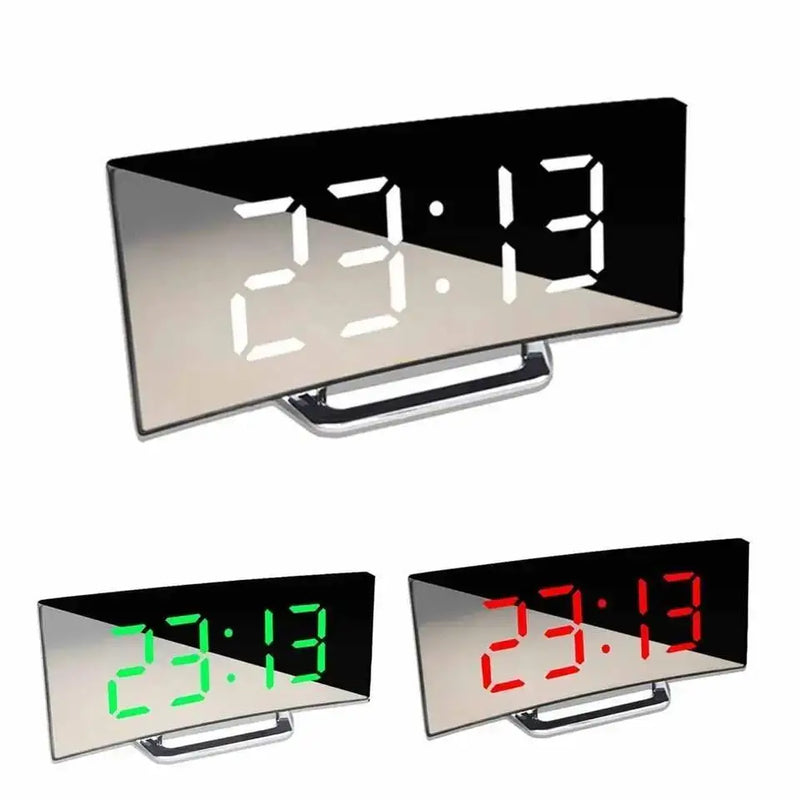 Digital Table Clock LED Alarm Clock Temperature Date Mirror Curved Modern Portable Elegant Compact Design