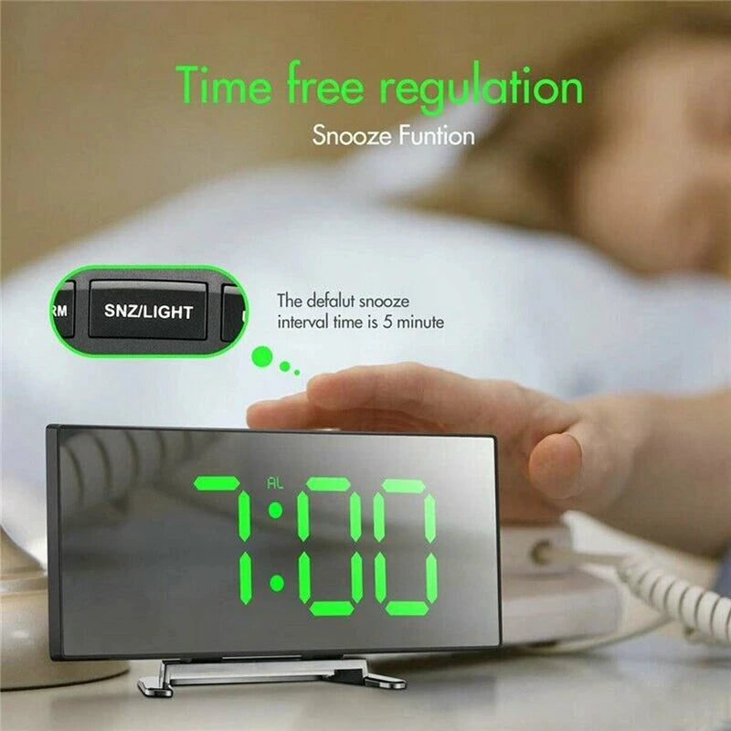 Digital Table Clock LED Alarm Clock Temperature Date Mirror Curved Modern Portable Elegant Compact Design